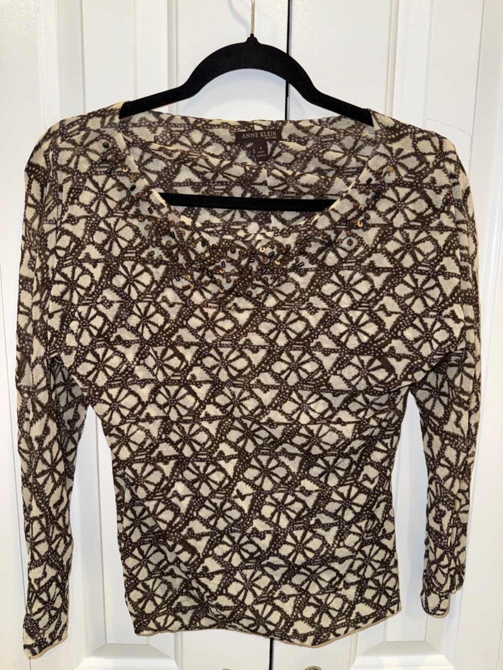 Anne Klein Brown & Cream Geometric Embellished Neck Sweater
